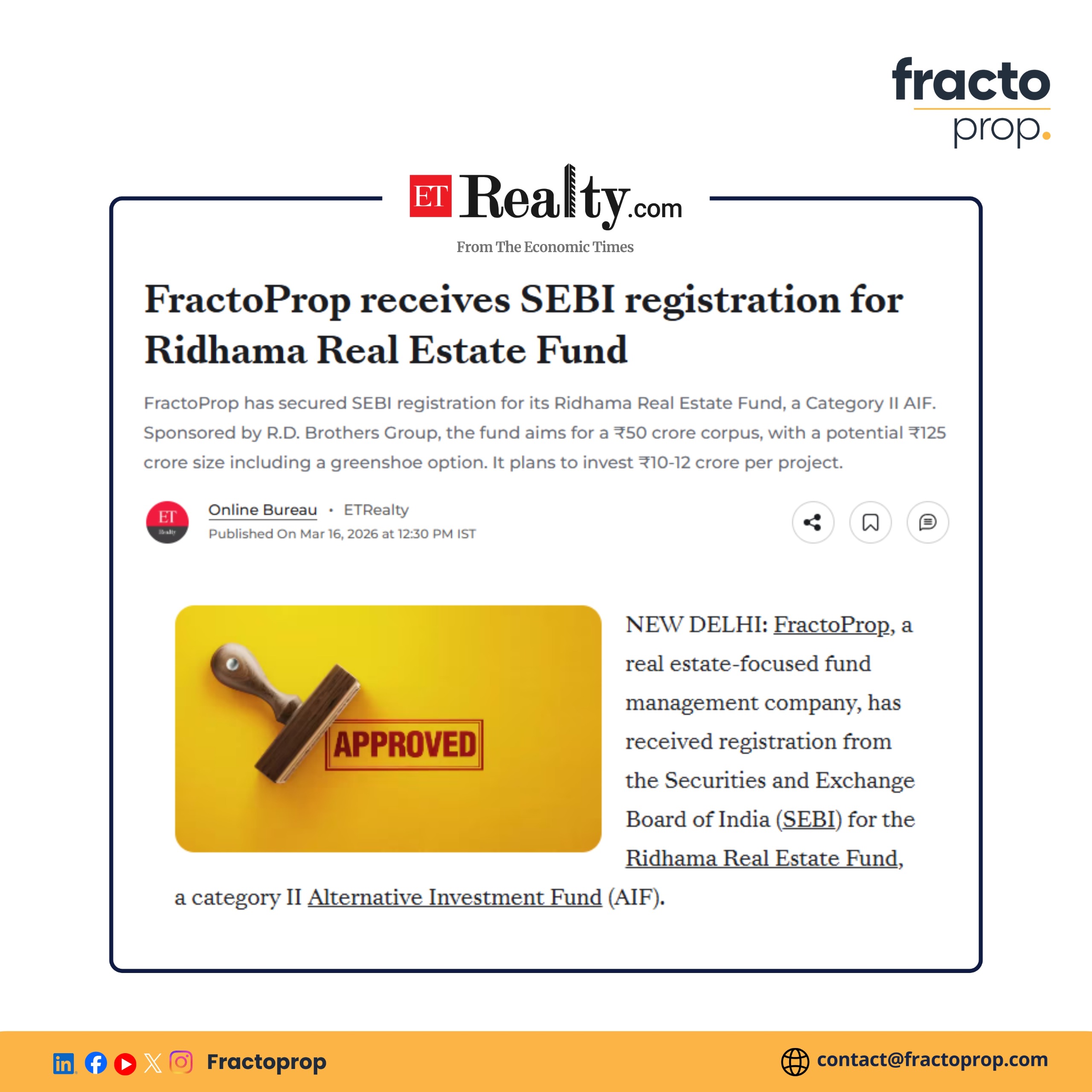 FractoProp receives SEBI registration for Ridhama Real Estate Fund - ET Realty